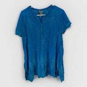 Johnny Was Blue Blouse Embroidered Tunic Women's M Boho Chic